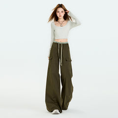 Women's Military Green Ruffle Work Pants Autumn Wide Leg Floor-Length Casual Trousers