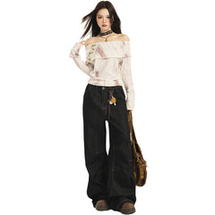 Casual Loose Wide-Leg Jeans Women Straight Leg Floor-Length Pants