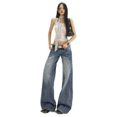 Women's Low-Waist Flared Jeans, Cracked Drape Straight Floor-Length Pants