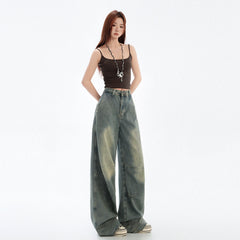 Blue Wide Leg Jeans Deconstructed Design Straight Leg Denim Pants for Women