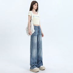 Women's Low Waist Flared Jeans with Cracked Design Long Pants