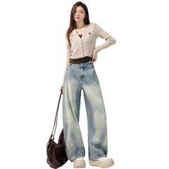 Women's Vibe Pleated Spliced Denim Pants High Waist Versatile Loose Scythe Pants