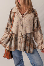 Oatmeal Boho Floral Plaid Patchwork Waffle Knit Distressed Jacket