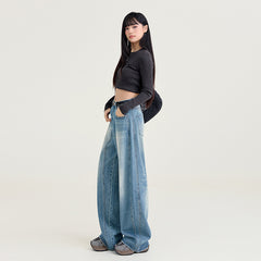Women's Washed Wide Leg Jeans with Saber Splicing Straight Floor-Length Pants