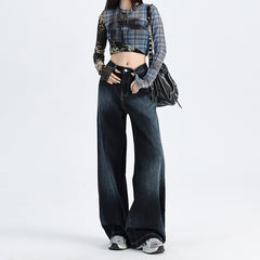Light Blue Gradient Wide-Leg Jeans Autumn Washed Design Loose Drape Straight Trousers