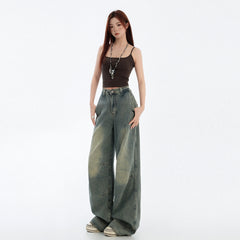 Blue Wide Leg Jeans Deconstructed Design Straight Leg Denim Pants for Women
