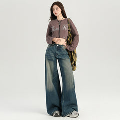 Women's  Heavy Wash Denim Pants Loose Wide Leg Trousers Retro Lazy Loose Fit