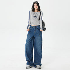 Women's Large Pocket Oversized Knife-Edge Jeans, Loose Baggy Patchwork Wide Leg Floor-Length Pants
