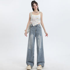 Women's Washed High-Waist Wide-Leg Jeans Summer Loose Slimming Drape Trousers