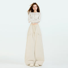 Women's Military Green Ruffle Work Pants Autumn Wide Leg Floor-Length Casual Trousers