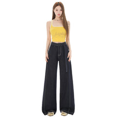 Women's Denim Blue Belted Knife-Edge Jeans High-Waisted Loose Concealing Drape Wide-Leg Pants