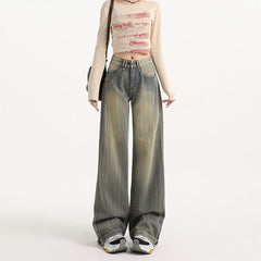 Distressed Stripe Denim Pants Women's Fashion Straight Leg Wide Leg Trousers
