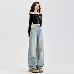 Denim Pants Spring New Washed Distressed Floor-Length Wide Straight Leg Pants for Women