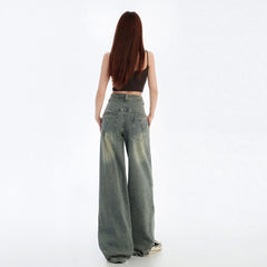 Blue Wide Leg Jeans Deconstructed Design Straight Leg Denim Pants for Women