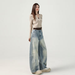 Women's Vibe Pleated Spliced Denim Pants High Waist Versatile Loose Scythe Pants