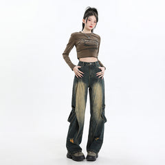 Women's High Waist Denim Pants Loose Design Sense Leg Wide Leg Pants