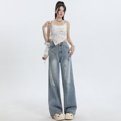 Women's Washed High-Waist Wide-Leg Jeans Summer Loose Slimming Drape Trousers