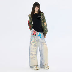 Graffiti Heart Bear Chain Curved Knife Pants High Street Loose Wide Leg Jeans for Women