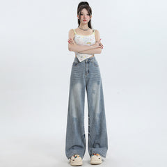Women's Washed High-Waist Wide-Leg Jeans Summer Loose Slimming Drape Trousers