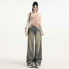 Distressed Stripe Denim Pants Women's Fashion Straight Leg Wide Leg Trousers