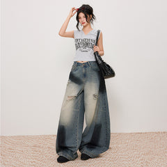 Women's Distressed Slash Denim Pants Spray Painted Vintage Loose Wide Leg Trousers