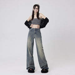 Women's Mid-Waist Loose Washed Wide-Leg Jeans with Floor-Length Pants