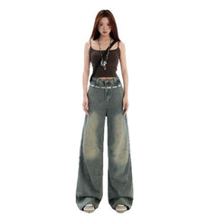 Blue Wide Leg Jeans Deconstructed Design Straight Leg Denim Pants for Women