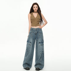 Women's  Multi-Pocket Workwear Denim Pants Loose Wide-Leg Pants