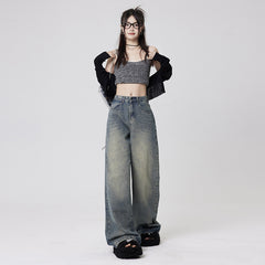 Women's Mid-Waist Loose Washed Wide-Leg Jeans with Floor-Length Pants