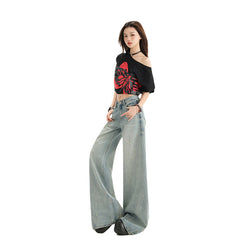 Light Blue Washed Wide-Leg Floor-Length Pants High Street Loose Versatile Straight Leg