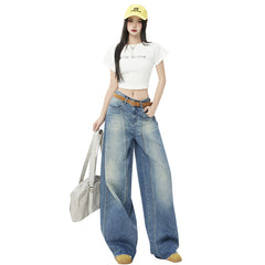 Women's Blue Wide-Leg Scissors Denim Pants Loose Drape Floor-Length Trousers