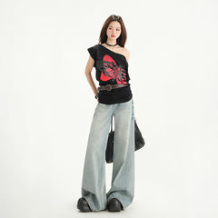 Light Blue Washed Wide-Leg Floor-Length Pants High Street Loose Versatile Straight Leg