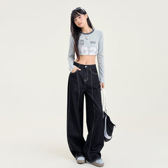 Women's Washed Wide Leg Jeans with Saber Splicing Straight Floor-Length Pants