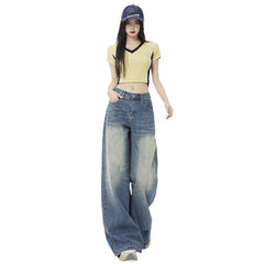 Women's Washed Vintage Blue Draped Loose High-Waist Wide-Leg Jeans