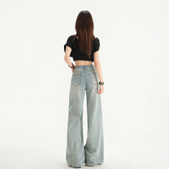 Light Blue Washed Wide-Leg Floor-Length Pants High Street Loose Versatile Straight Leg