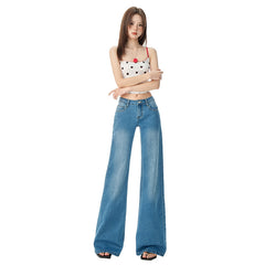Women's Blue Low-Waist Jeans Summer Loose Slimming Drape Bell-Bottom Pants