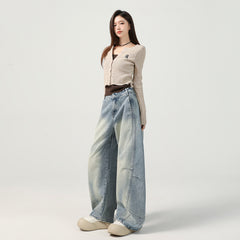 Women's Vibe Pleated Spliced Denim Pants High Waist Versatile Loose Scythe Pants