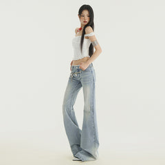 Women's Lace Splicing Flared Denim Pants Slim Low Waist Hoof Ankle-Length Pants