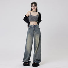 Women's Mid-Waist Loose Washed Wide-Leg Jeans with Floor-Length Pants