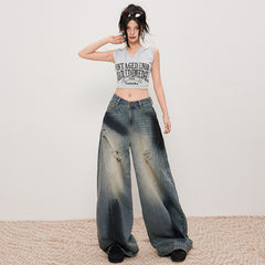 Women's Distressed Slash Denim Pants Spray Painted Vintage Loose Wide Leg Trousers