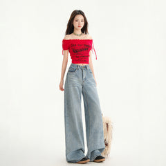 Women's Wide Leg Jeans Loose Drape Washed Straight Leg Floor Length Pants
