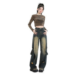 Women's High Waist Denim Pants Loose Design Sense Leg Wide Leg Pants