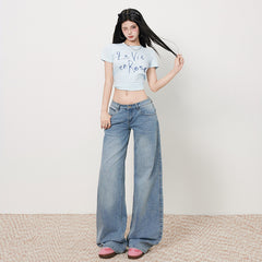 Women's Low-Waist Elastic Pattern Straight Jeans Summer Light Color Floor-Length Wide-Leg Pants