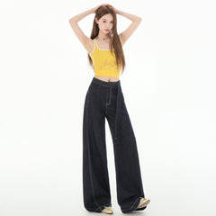 Women's Denim Blue Belted Knife-Edge Jeans High-Waisted Loose Concealing Drape Wide-Leg Pants