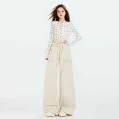 Women's Military Green Ruffle Work Pants Autumn Wide Leg Floor-Length Casual Trousers