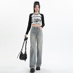 Wide Leg Jeans for Women High Waist Loose Slimming Frayed Hem Floor-Length Pants
