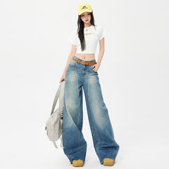 Women's Blue Wide-Leg Scissors Denim Pants Loose Drape Floor-Length Trousers