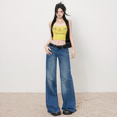 Women's Bamboo Water Washed Straight Leg Jeans Low Waist Slim Wide Leg Pants