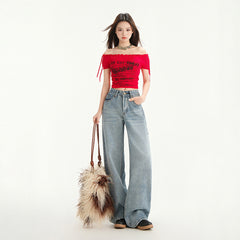 Women's Wide Leg Jeans Loose Drape Washed Straight Leg Floor Length Pants