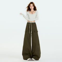 Women's Military Green Ruffle Work Pants Autumn Wide Leg Floor-Length Casual Trousers